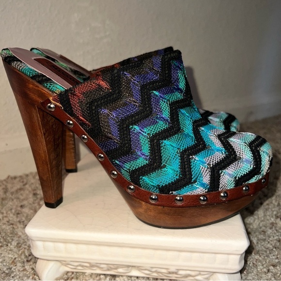 MISSONI Women’s ZigZag Black Blue Purple Fabric Leather Clogs Made in Italy 7.5 - Picture 4 of 16